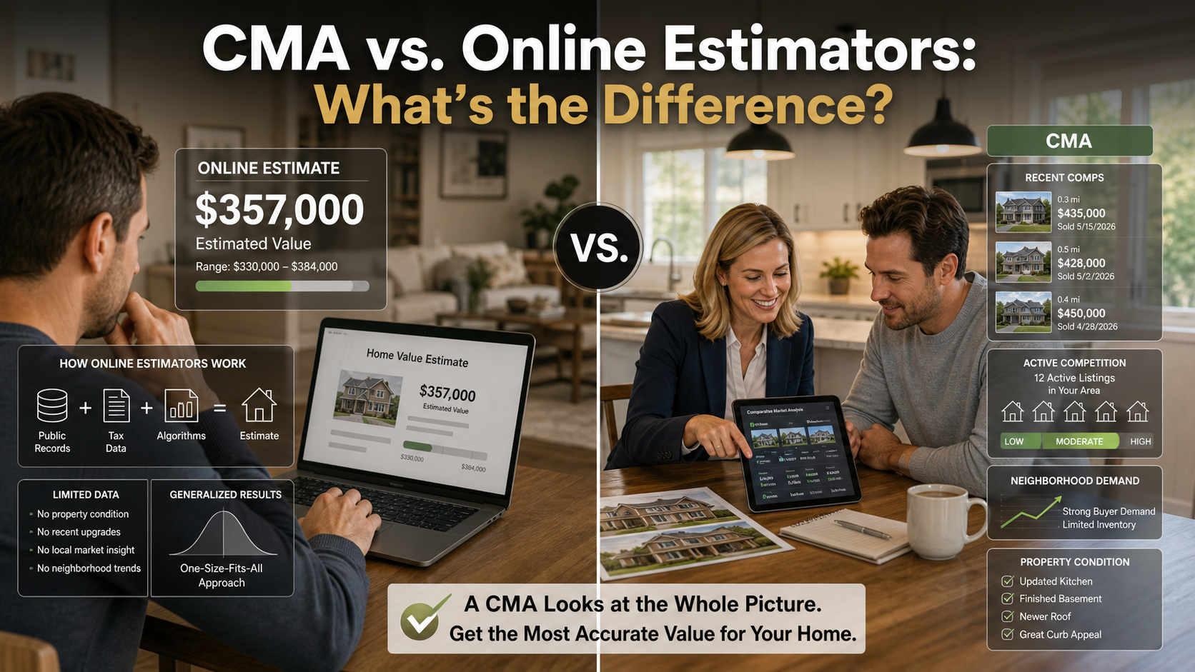 Kansas City homeowner comparing online home value estimate with local CMA, showing MLS comps, active listings, property condition, and neighborhood demand data.