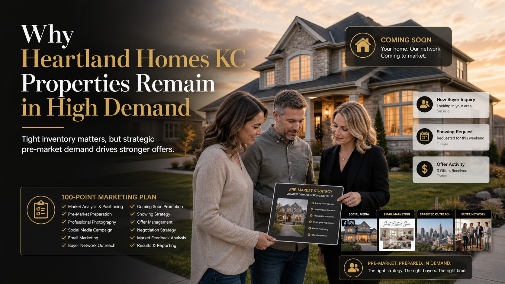 Kansas City suburban brick home with for sale sign and manicured lawn representing strong buyer demand in the 2026 seller’s market.