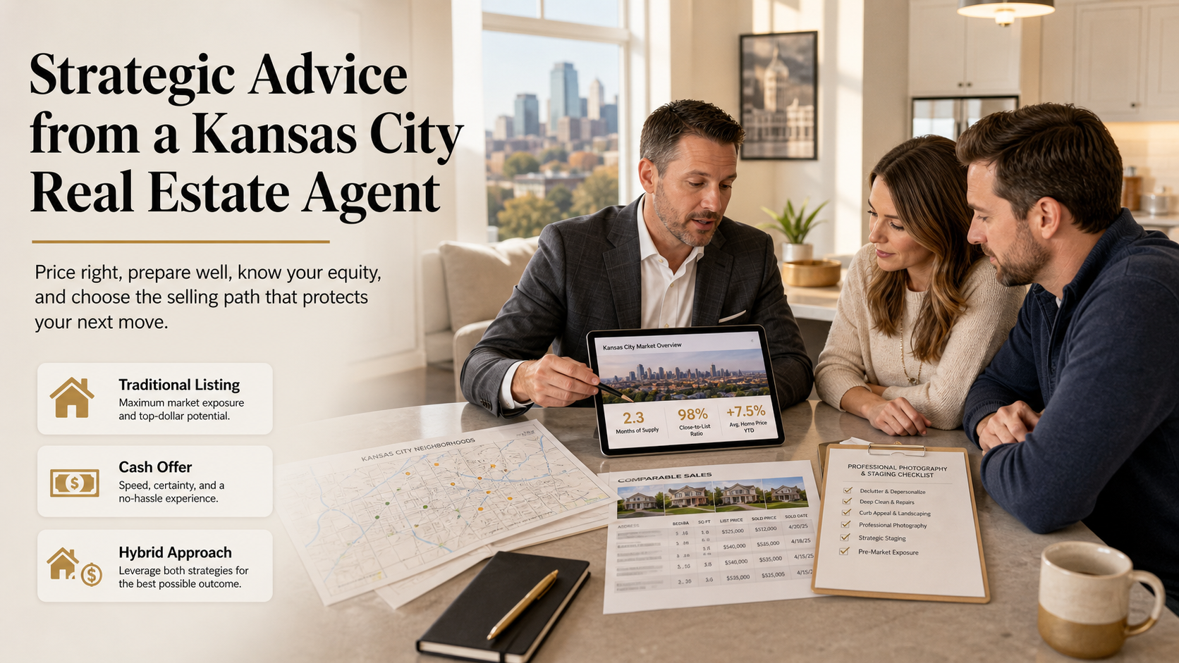Kansas City real estate agent advising homeowners on pricing, equity, staging, and selling options in a strategic home sale consultation.