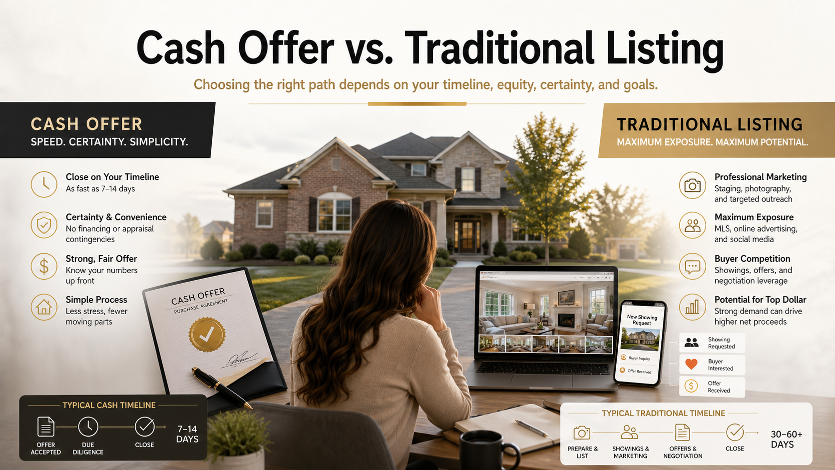Kansas City home seller comparing cash offer and traditional listing paths with documents, timeline, staging, and buyer interest visuals.