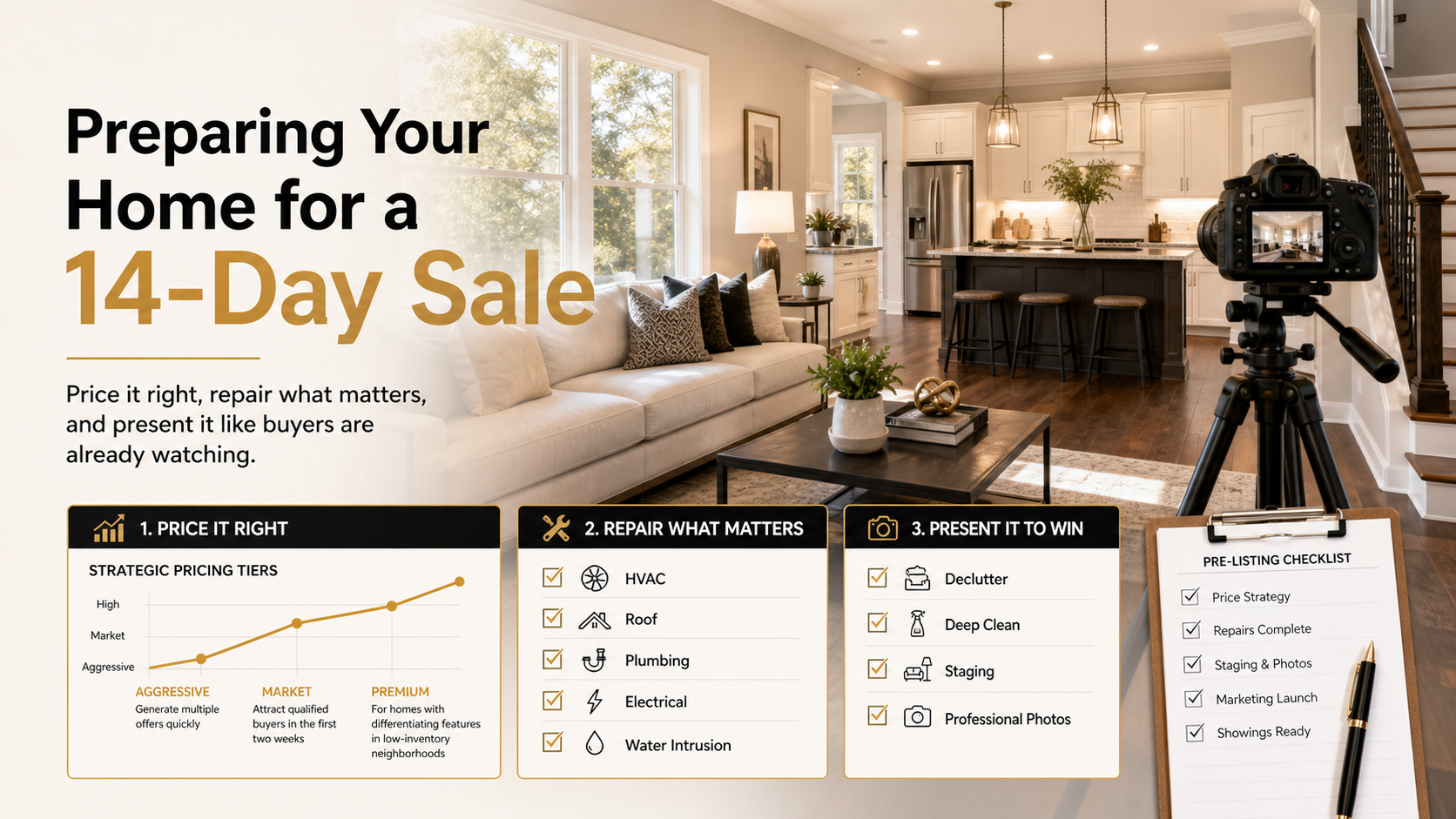 Kansas City home staged for a 14-day sale with pricing, repair, cleaning, staging, and professional photography preparation visuals.