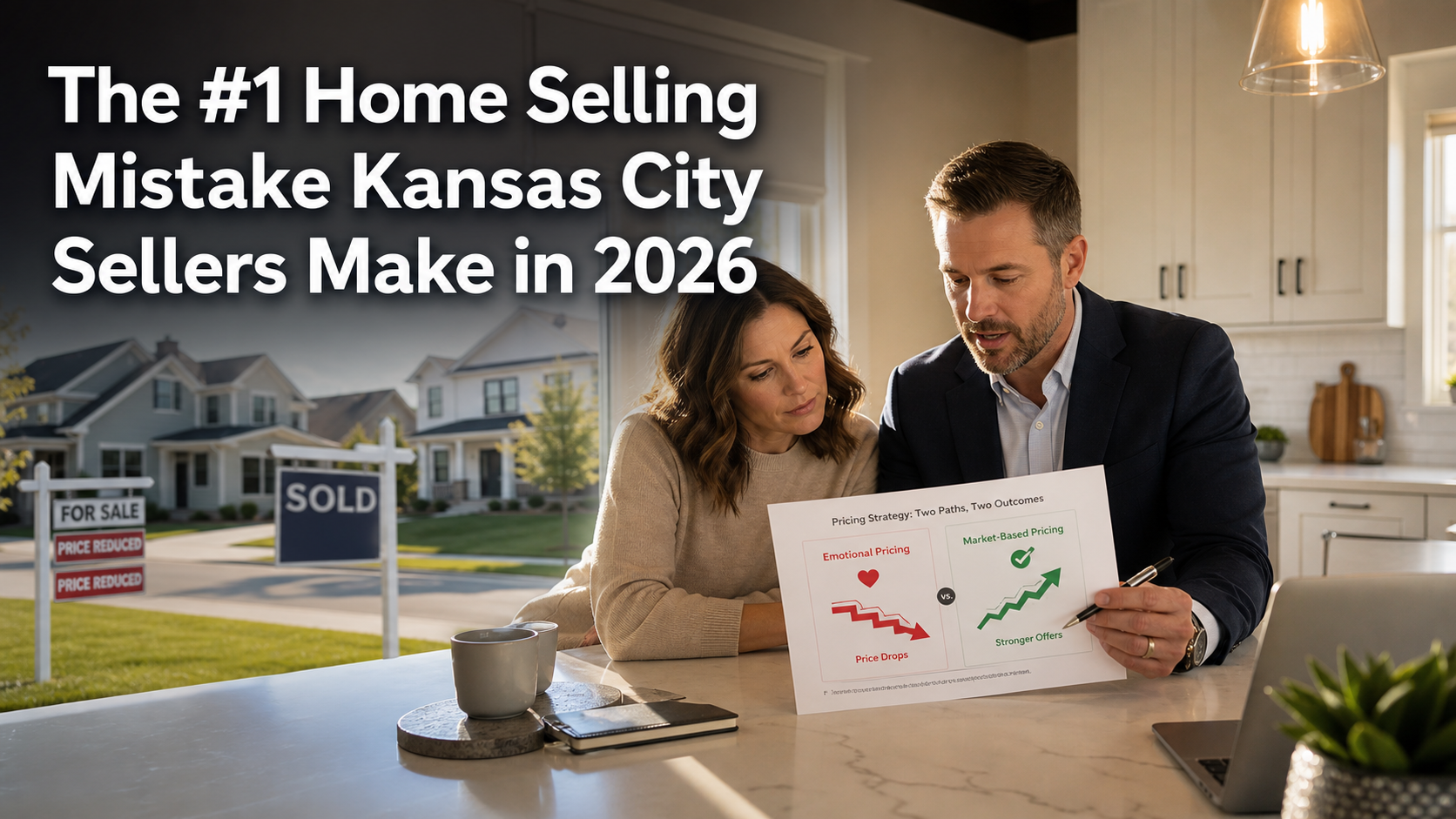 Kansas City homeowner reviewing pricing strategy with real estate advisor, showing the risk of overpricing and the number one home selling mistake sellers make in 2026.