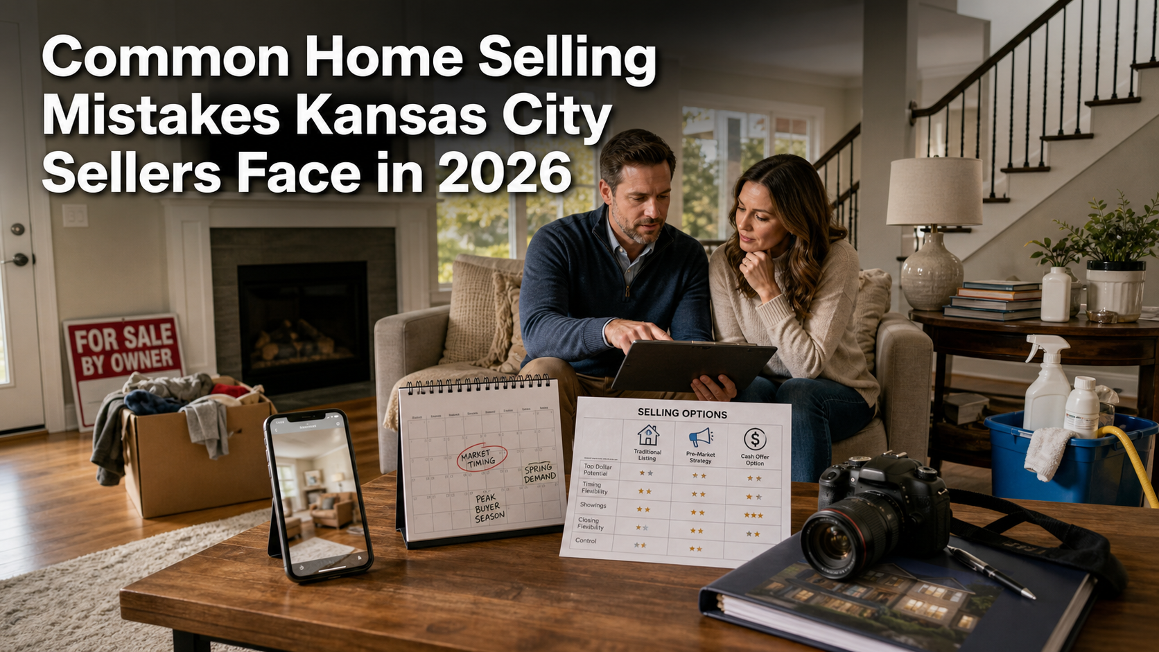 Kansas City homeowner reviewing a home selling strategy checklist with a real estate advisor, highlighting common seller mistakes like poor staging, weak photography, bad timing, and FSBO risks.