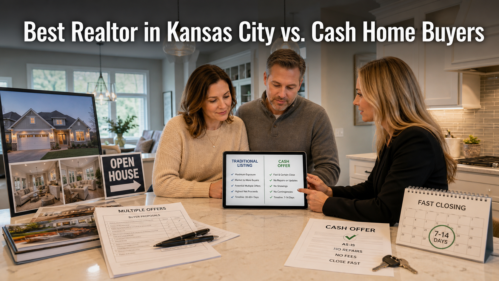 Kansas City homeowner comparing traditional Realtor listing and cash home buyer options with a real estate advisor before choosing the best way to sell.