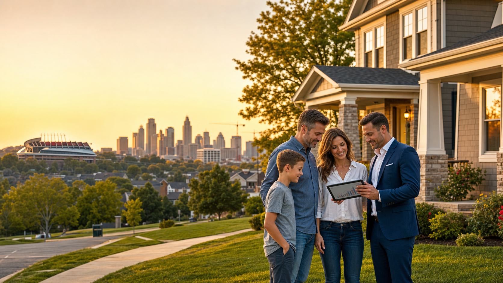 Relocating family and real estate advisor reviewing Kansas City housing market growth in front of a beautiful suburban home with the KC skyline in the background.