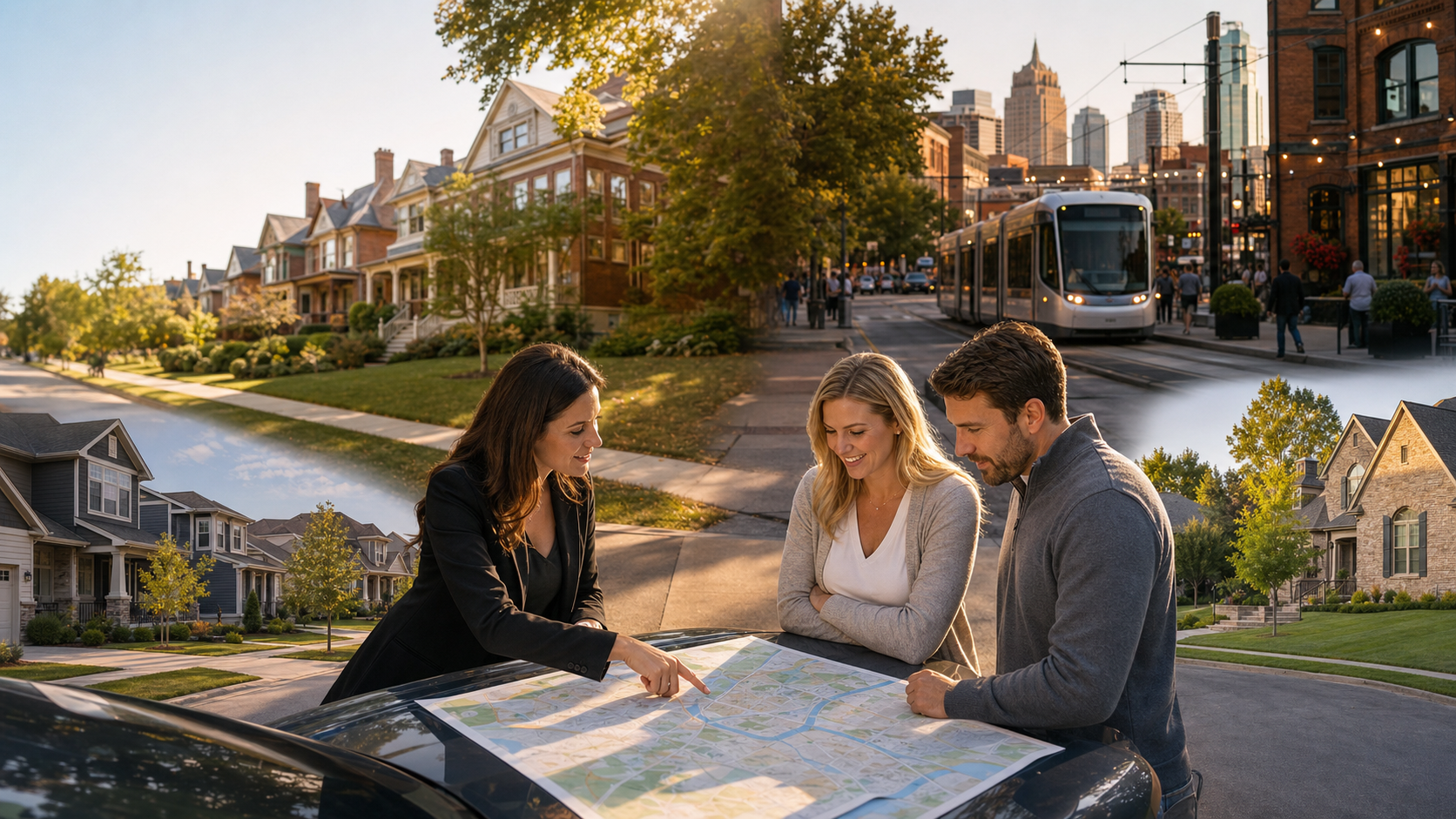 Real estate advisor helping buyers compare Kansas City neighborhoods on a metro map with historic homes, urban districts, and suburban streets in the background.