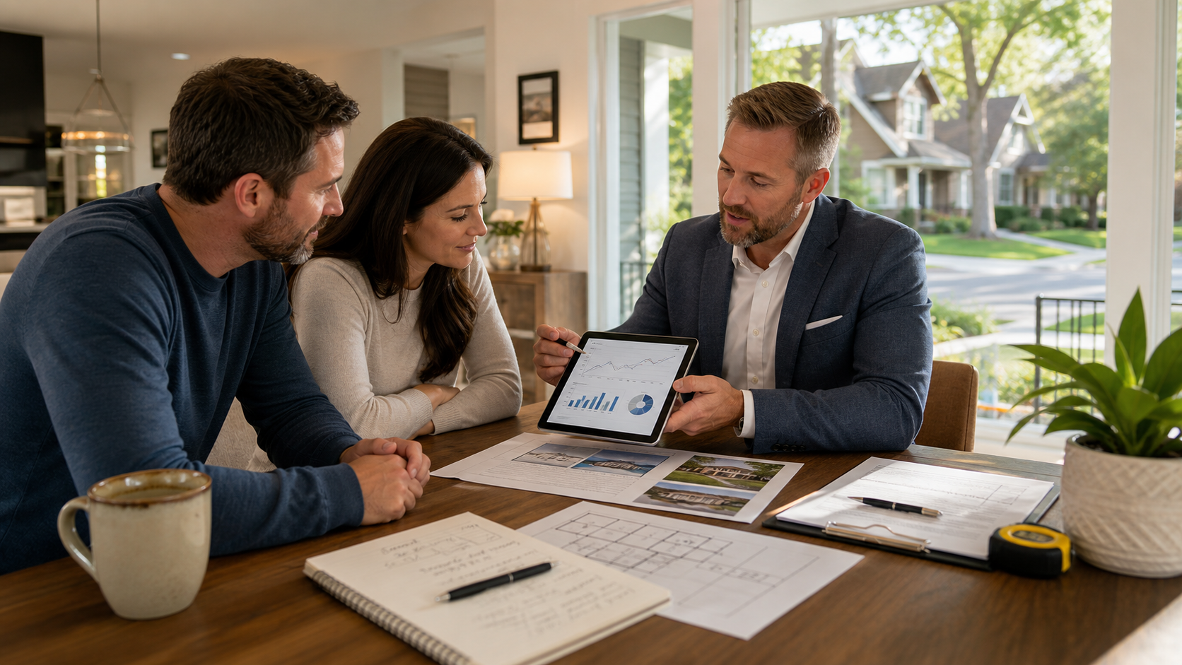 Kansas City real estate agent reviewing market data with relocation buyers inside a staged home before making an offer.