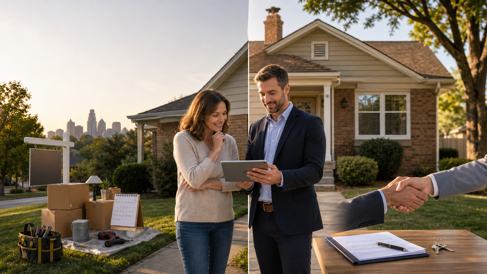 Kansas City homeowner comparing a traditional home sale and fast cash offer with a real estate advisor in front of a dated suburban house.