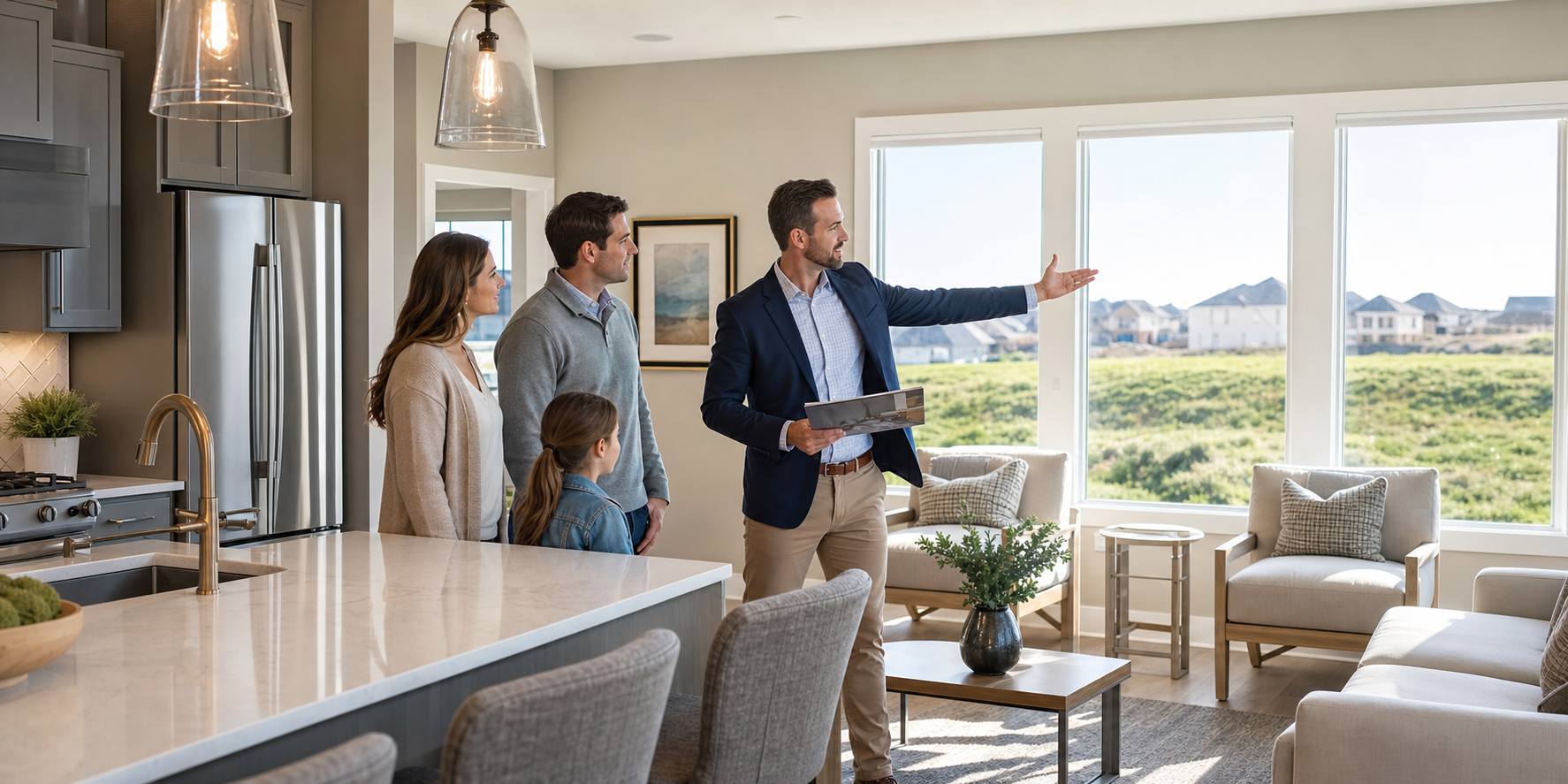 Young family touring a Kansas City Northland new construction model home while a real estate advisor points out backyard green space and future development concerns.