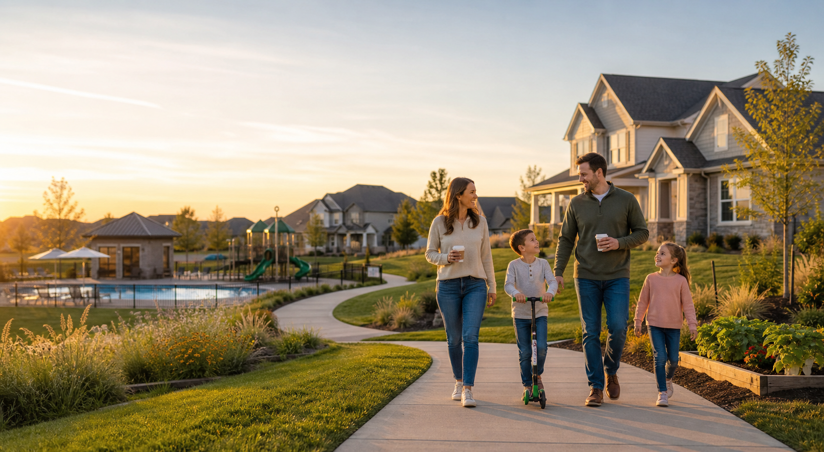 Family walking through a Lee’s Summit new construction community with homes, trails, green space, pool, and playground amenities at golden hour.