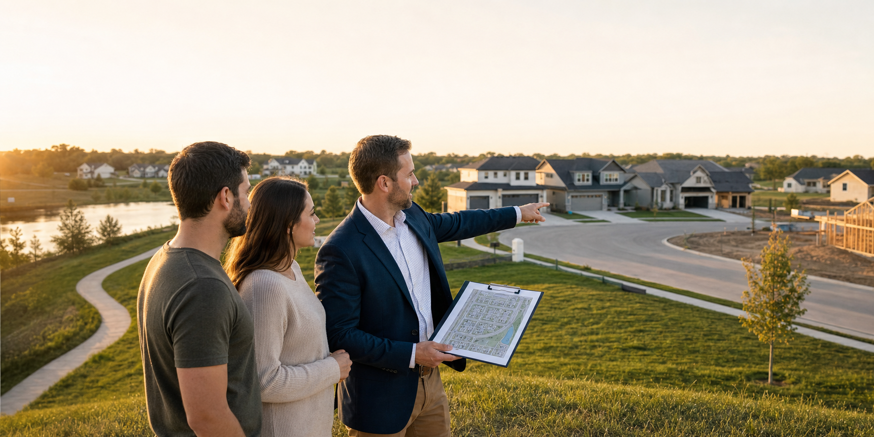 Real estate advisor reviewing a new construction lot map with buyers in a Kansas City neighborhood showing homes, green space, pond, cul-de-sac, and HOA considerations.