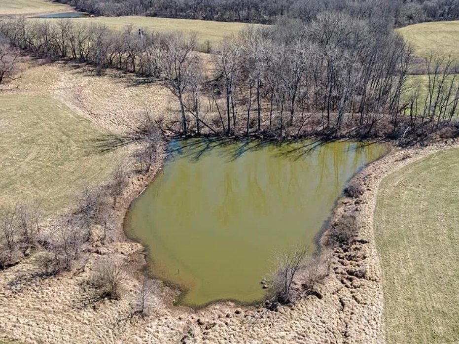 Close aerial drone shot of the natural pond at 18211 Plattsburg Road in Holt Missouri