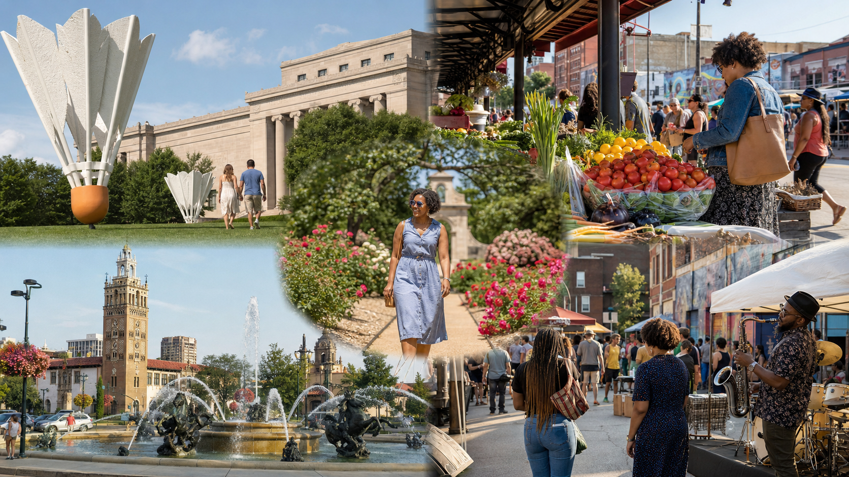 Photorealistic Kansas City weekend scene featuring the Nelson-Atkins sculpture park, City Market, Loose Park roses, Country Club Plaza fountains, and free outdoor neighborhood activities. Photorealistic Kansas City weekend scene featuring the Nelson-Atkins sculpture park, City Market, Loose Park roses, Country Club Plaza fountains, and free outdoor neighborhood activities.