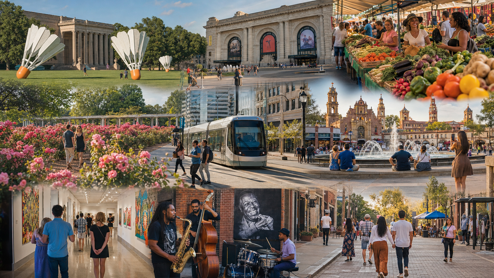Photorealistic Kansas City weekend guide image featuring Nelson-Atkins shuttlecocks, Union Station, City Market, Loose Park roses, Country Club Plaza fountains, the KC Streetcar, Crossroads arts, and 18th and Vine free events. Photorealistic Kansas City weekend guide image featuring Nelson-Atkins shuttlecocks, Union Station, City Market, Loose Park roses, Country Club Plaza fountains, the KC Streetcar, Crossroads arts, and 18th and Vine free events.