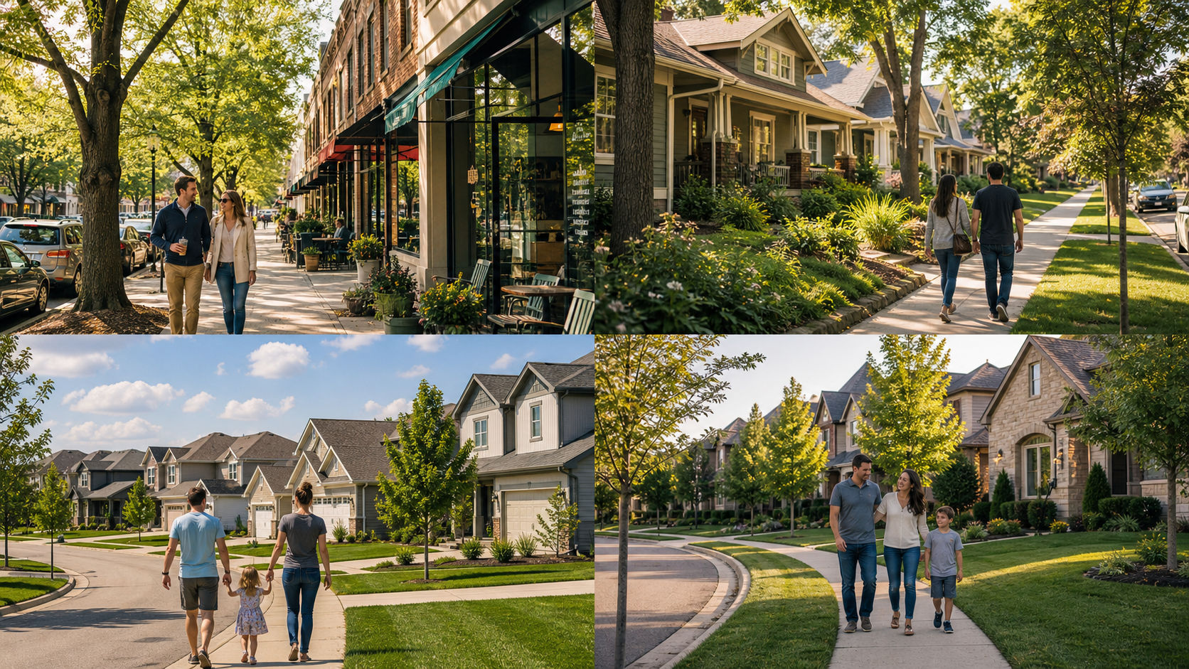 Photorealistic Kansas City neighborhood lifestyle image showing Brookside storefronts, Waldo walkability, Northland newer homes, and Johnson County master-planned streets for relocation buyers. Photorealistic Kansas City neighborhood lifestyle image showing Brookside storefronts, Waldo walkability, Northland newer homes, and Johnson County master-planned streets for relocation buyers.