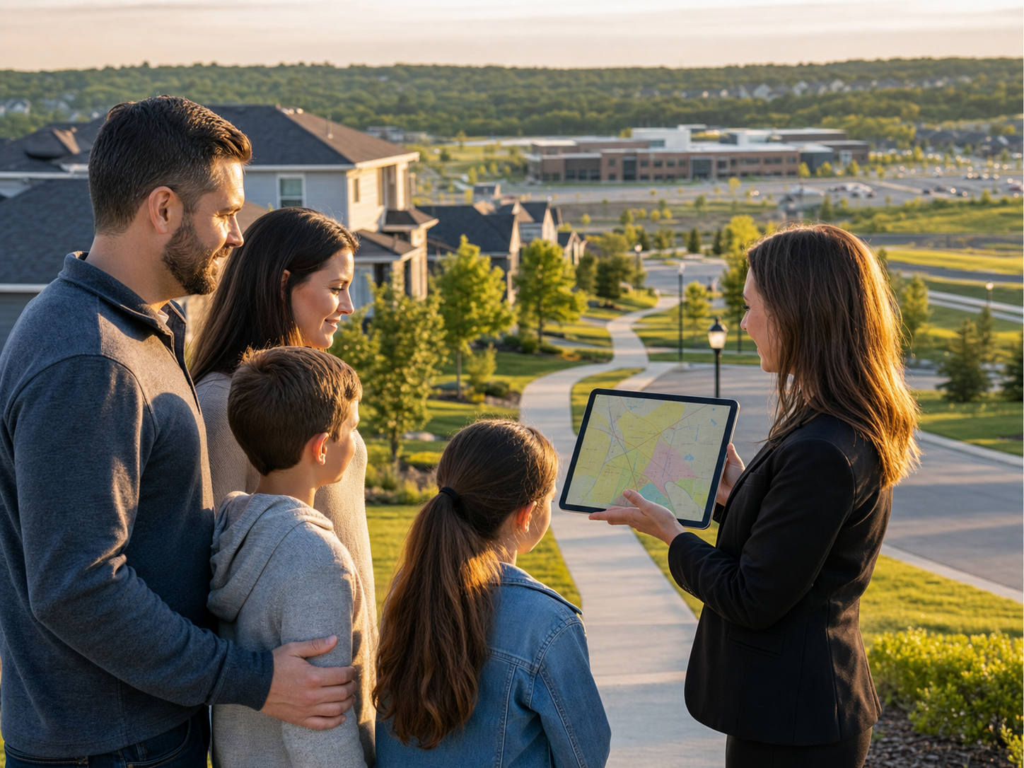Family meeting with a Kansas City real estate advisor in a suburban neighborhood while reviewing schools, infrastructure, growth, and long-term home value. Family meeting with a Kansas City real estate advisor in a suburban neighborhood while reviewing schools, infrastructure, growth, and long-term home value.