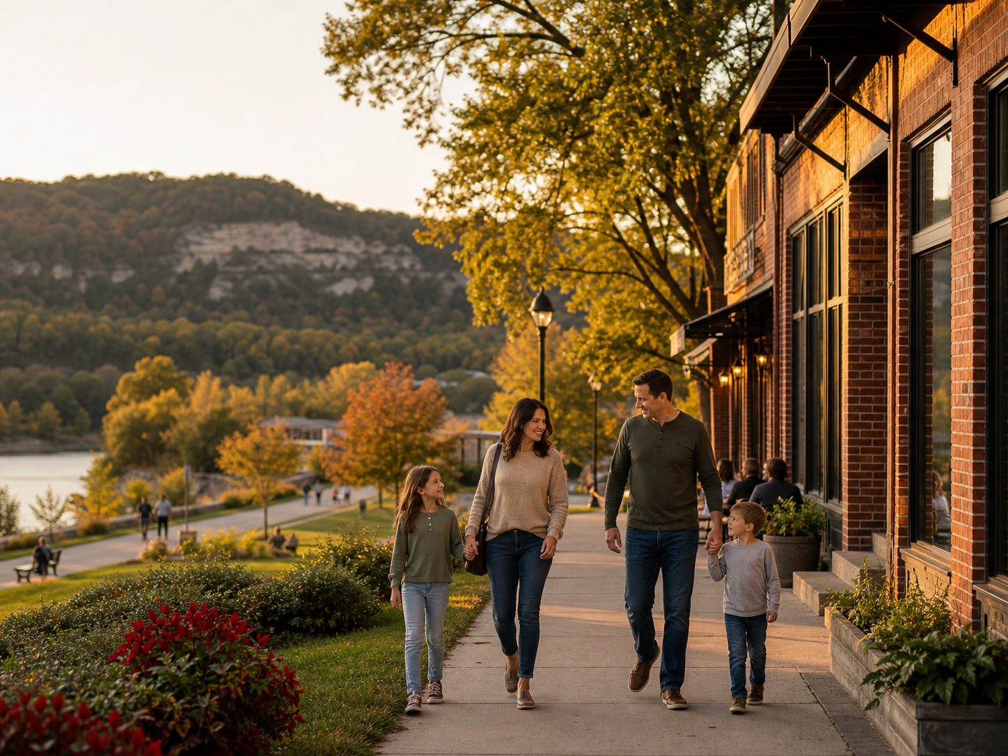 Family walking through historic downtown Parkville, Missouri near riverfront trails, brick storefronts, mature trees, and Missouri River bluffs. Family walking through historic downtown Parkville, Missouri near riverfront trails, brick storefronts, mature trees, and Missouri River bluffs.