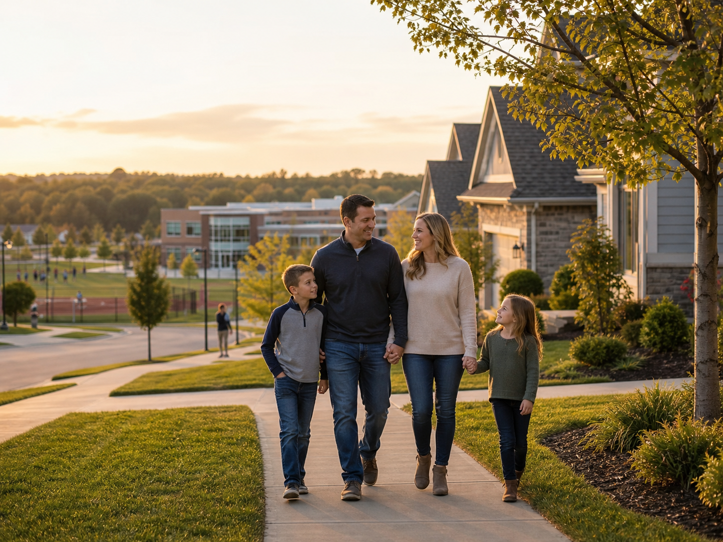 Family walking through an upscale Overland Park, Kansas neighborhood with manicured lawns, sidewalks, mature trees, and nearby school amenities. Family walking through an upscale Overland Park, Kansas neighborhood with manicured lawns, sidewalks, mature trees, and nearby school amenities.