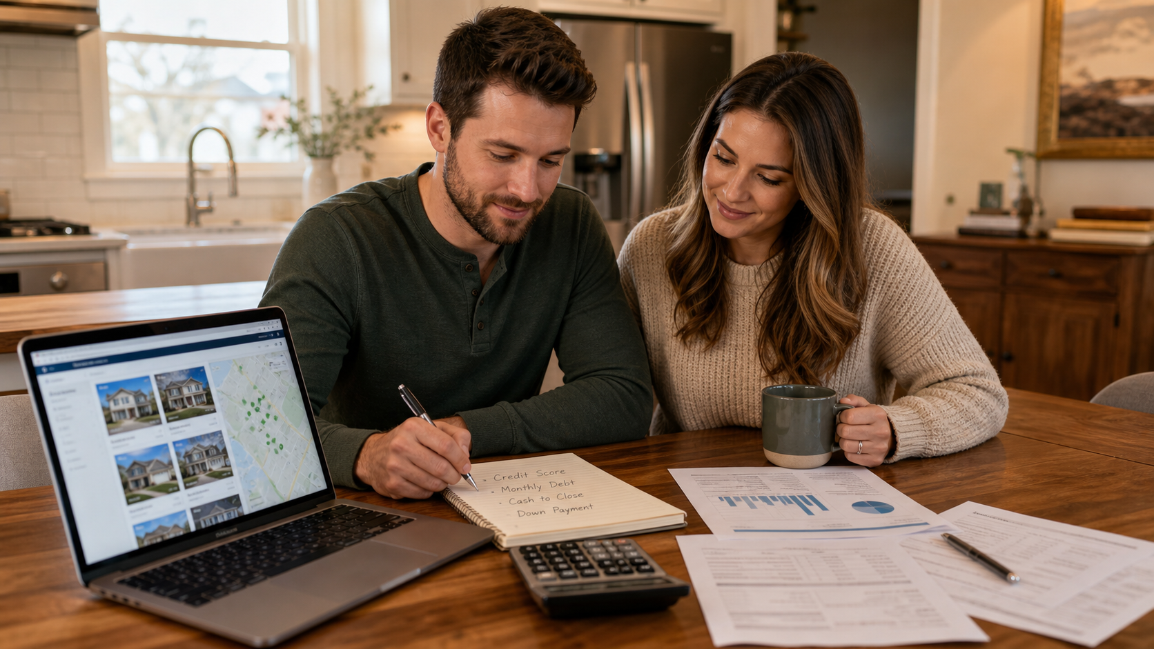 First-time homebuyer couple reviewing credit score, debt-to-income ratio, cash to close, down payment options, and closing costs before shopping for a Kansas City home. First-time homebuyer couple reviewing credit score, debt-to-income ratio, cash to close, down payment options, and closing costs before shopping for a Kansas City home.