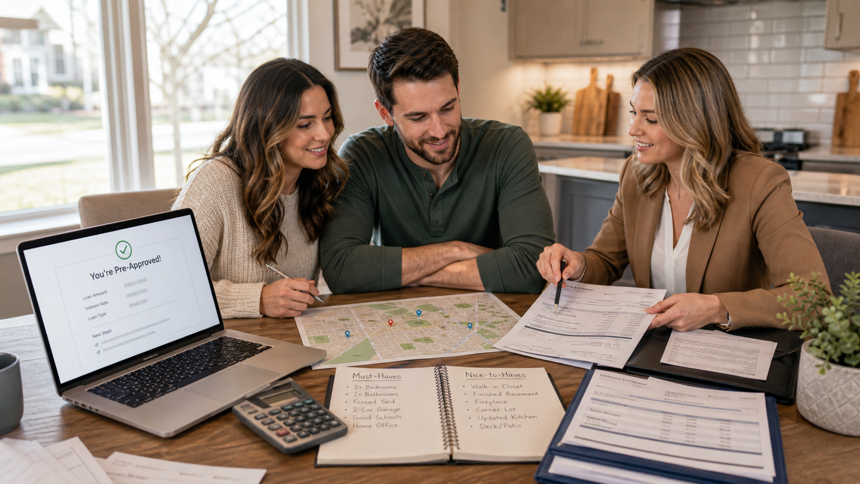 First-time homebuyer couple reviewing mortgage pre-approval documents and a must-have home checklist with a Kansas City real estate agent before touring homes. First-time homebuyer couple reviewing mortgage pre-approval documents and a must-have home checklist with a Kansas City real estate agent before touring homes.