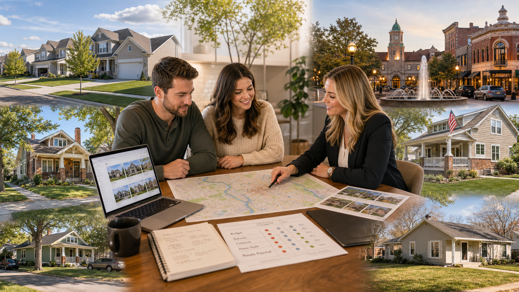 First-time homebuyers comparing Kansas City neighborhoods with a local real estate agent using a metro map, home listings, school notes, commute details, and resale factors. First-time homebuyers comparing Kansas City neighborhoods with a local real estate agent using a metro map, home listings, school notes, commute details, and resale factors.