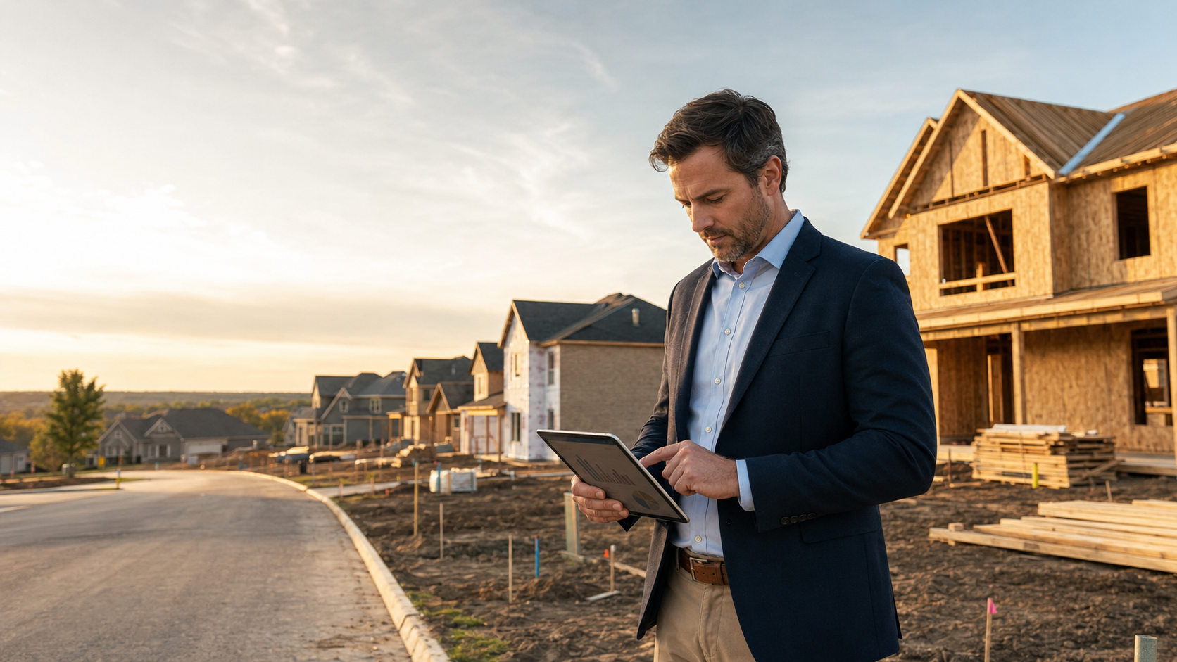 Real estate agent reviewing Kansas City new construction market data on a tablet in front of partially built suburban homes.
