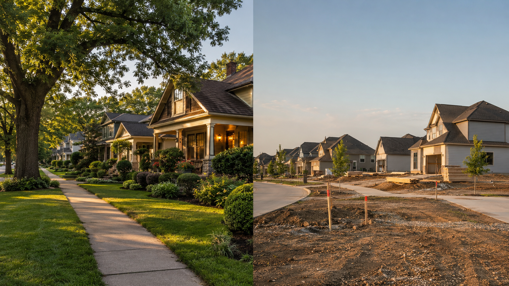 Established Kansas City resale neighborhood with mature trees compared to a newer construction subdivision with unfinished lots and young landscaping.