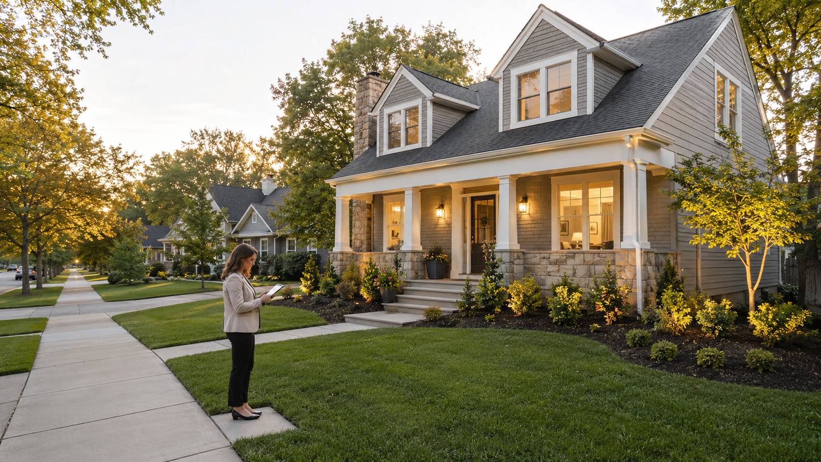 Kansas City resale home staged with fresh landscaping and curb appeal while a real estate agent reviews marketing strategy outside.