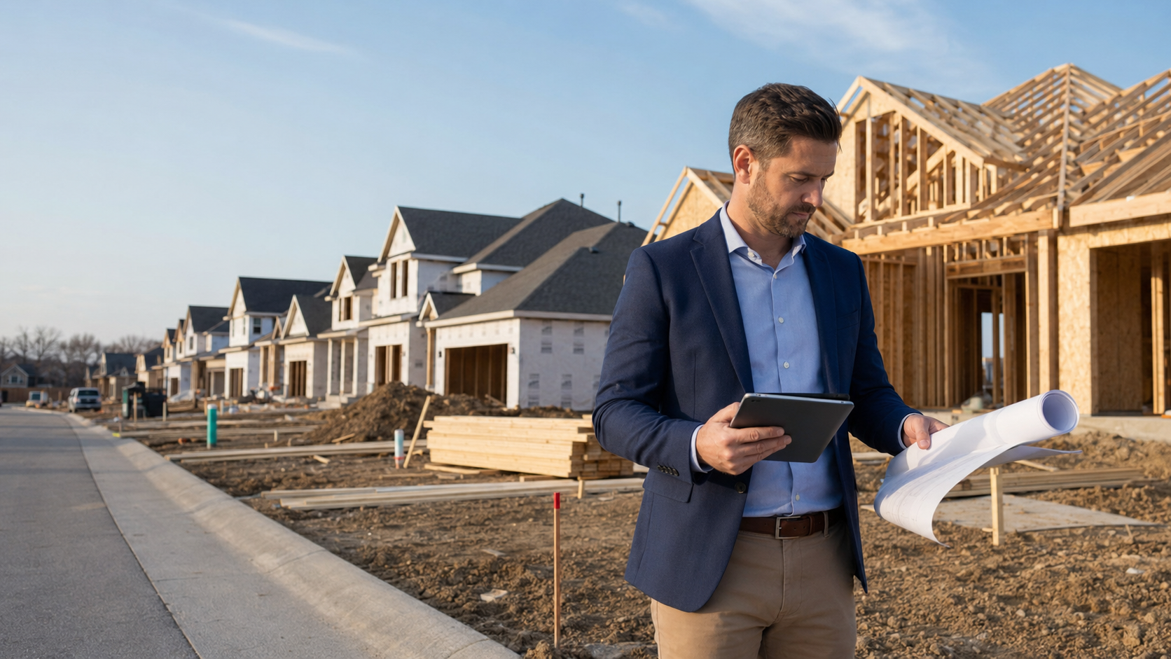 Real estate agent with builder experience reviewing plans and market data at a Kansas City new construction jobsite.