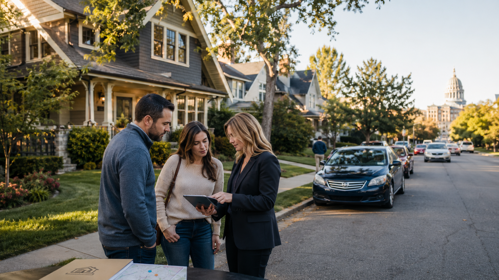 Kansas City home buyers reviewing listings with a real estate agent in a competitive neighborhood with limited inventory.