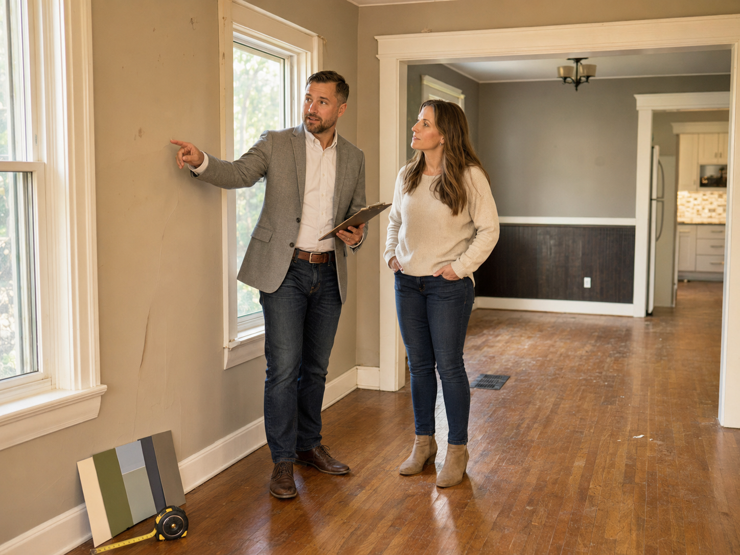 Real estate agent showing a buyer repair opportunities inside an as-is Kansas City Northland home with strong equity potential.
