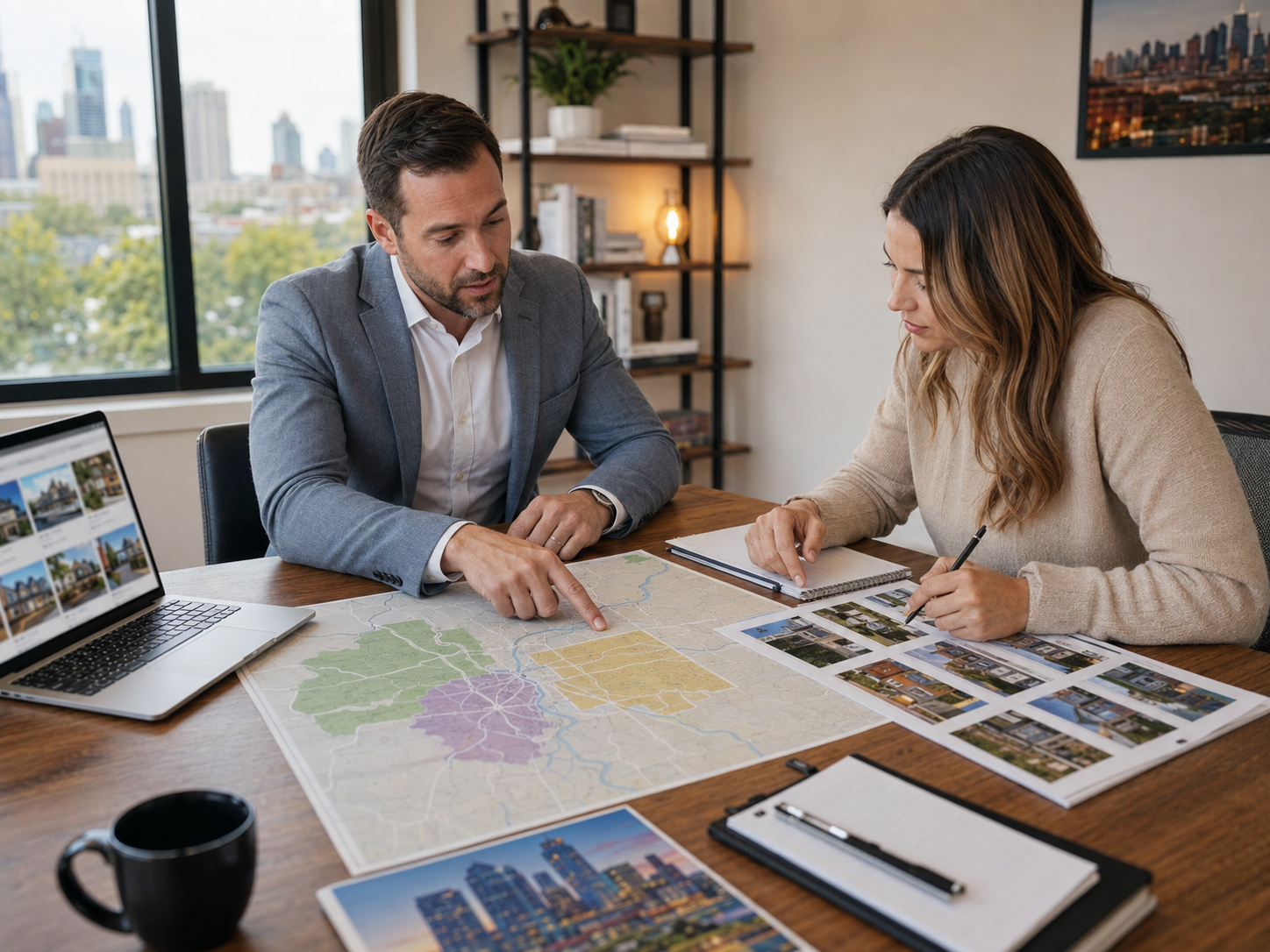 Kansas City real estate advisor reviewing a metro map with a buyer to identify Northland, Johnson County, and Jackson County foreclosure opportunities.