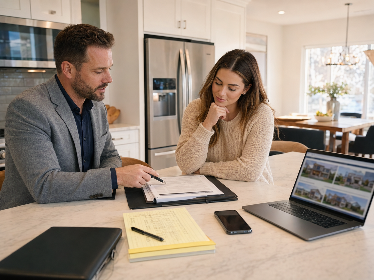 Kansas City real estate agent helping a prepared buyer review offer terms and financing before submitting a competitive home offer.