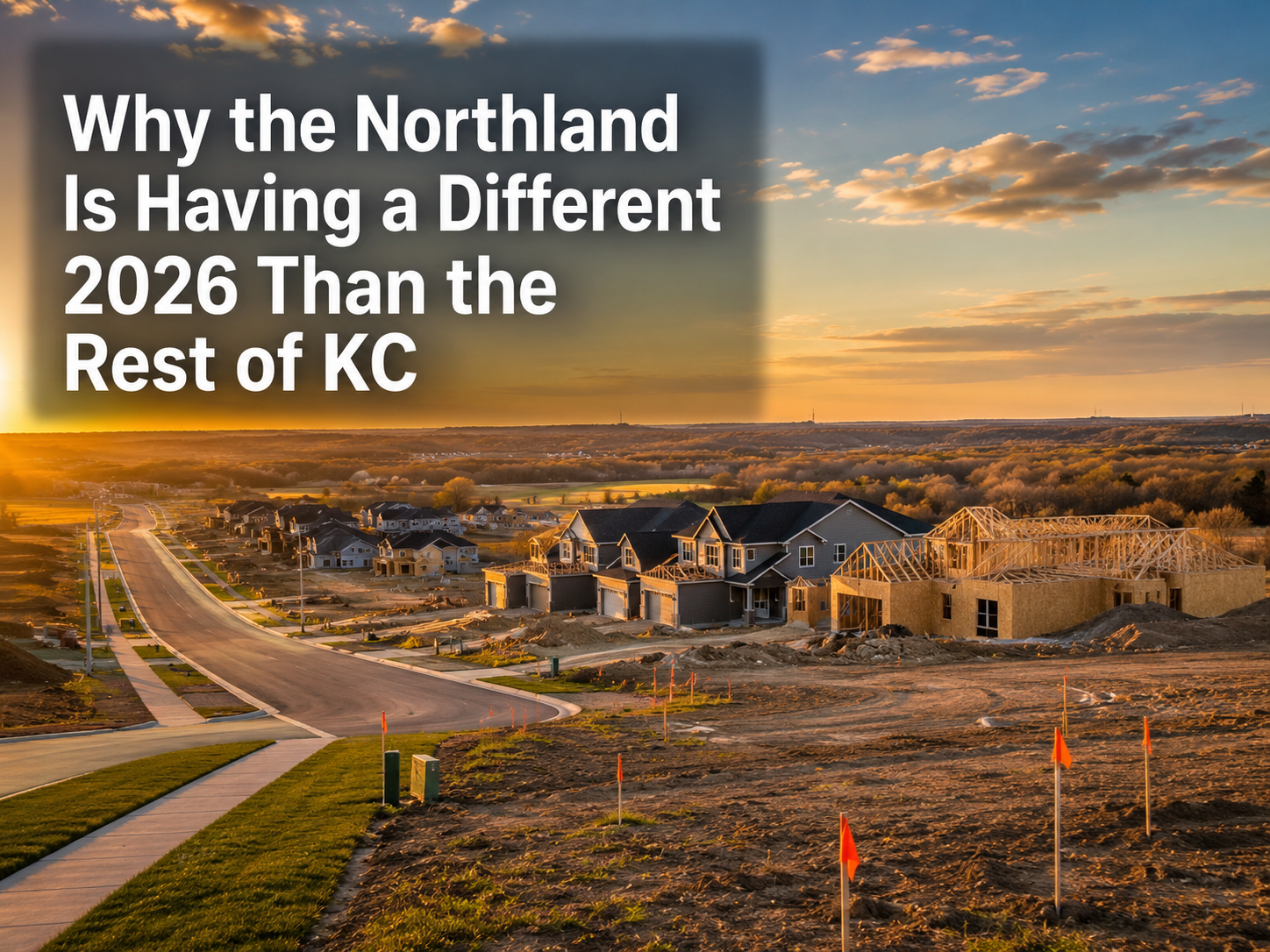 Kansas City Northland new construction neighborhood at golden hour with open land, homes under construction, survey stakes, and headline about the 2026 housing market.