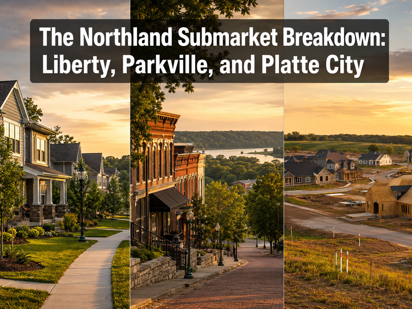 Triptych real estate graphic comparing Liberty, Parkville, and Platte City in the Kansas City Northland with neighborhoods, historic downtown, new construction, and headline text.