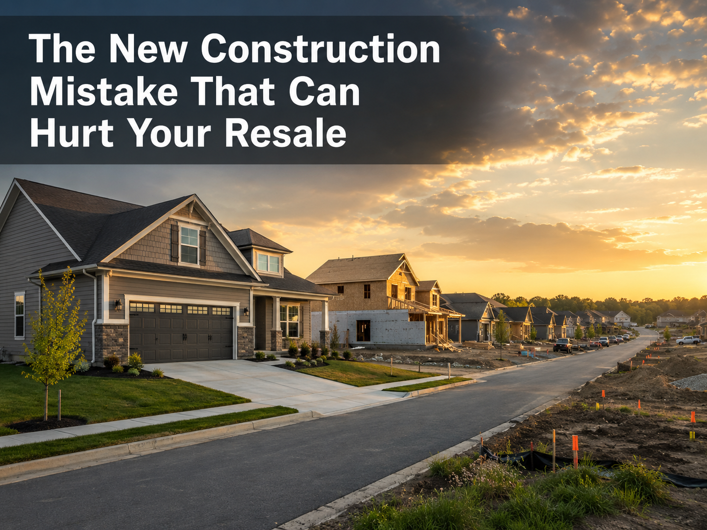 Kansas City Northland new construction subdivision showing a finished resale home competing with active builder inventory, framed homes, open lots, and headline text about resale risk.