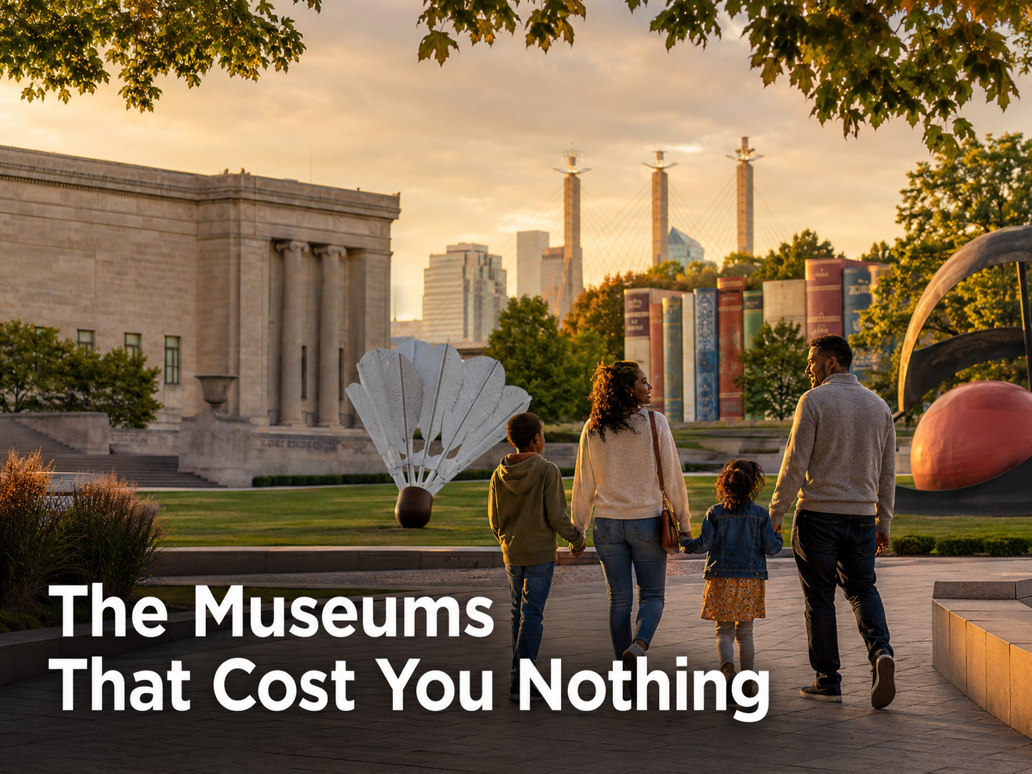 Family visiting free Kansas City museums near the Nelson-Atkins inspired sculpture garden with headline text about no-cost cultural attractions. Family visiting free Kansas City museums near the Nelson-Atkins inspired sculpture garden with headline text about no-cost cultural attractions.