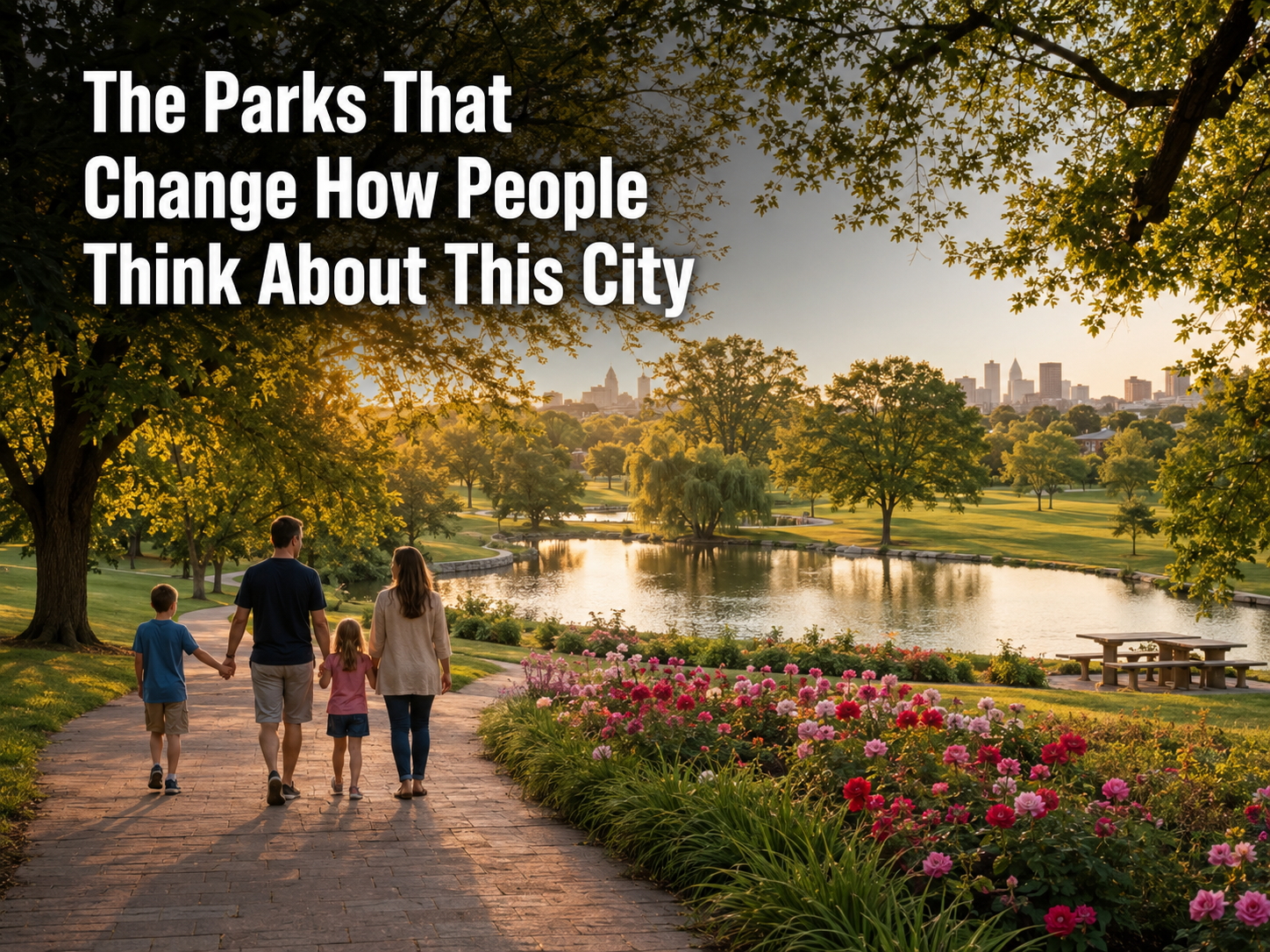 Family walking through a scenic Kansas City park with trails, rose gardens, lake views, skyline backdrop, and headline about the city’s parks. Family walking through a scenic Kansas City park with trails, rose gardens, lake views, skyline backdrop, and headline about the city’s parks.