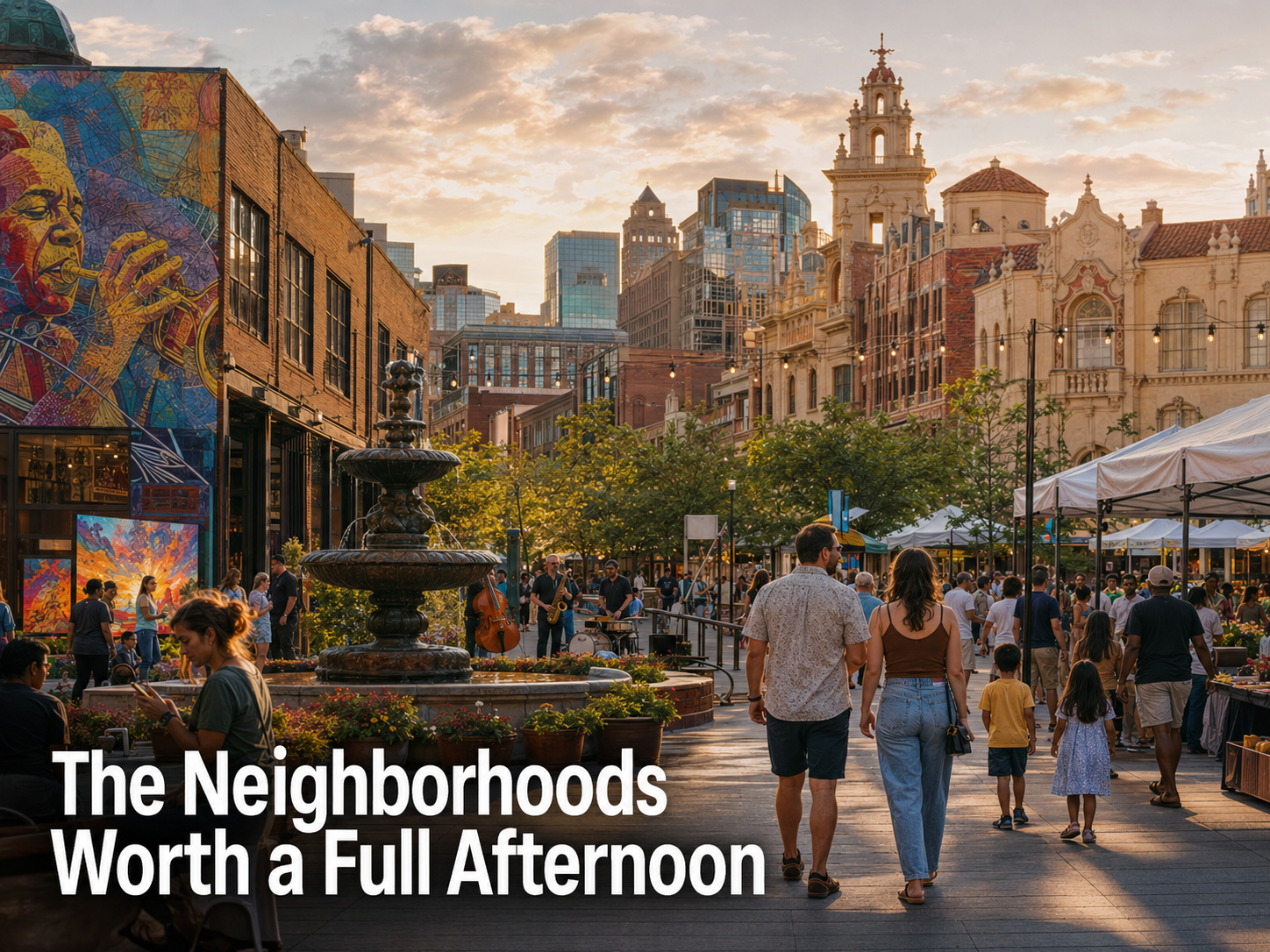 Kansas City neighborhood scene with murals, fountains, market tents, historic architecture, live music, visitors, and headline about full-afternoon city exploring. Kansas City neighborhood scene with murals, fountains, market tents, historic architecture, live music, visitors, and headline about full-afternoon city exploring.