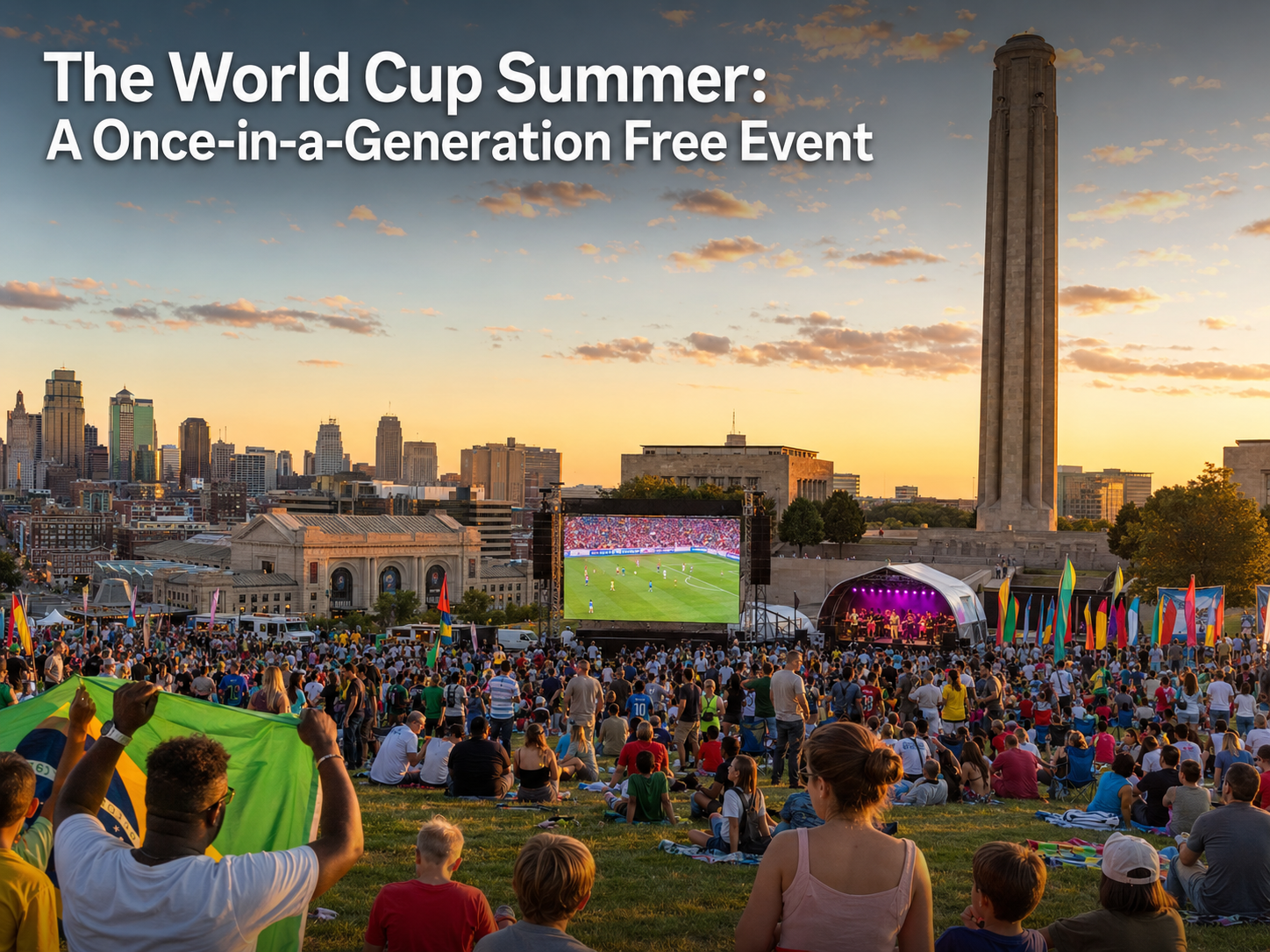 Kansas City World Cup summer fan festival at the National WWI Museum and Memorial with skyline, giant screen, live music, international flags, crowd, and headline text. Kansas City World Cup summer fan festival at the National WWI Museum and Memorial with skyline, giant screen, live music, international flags, crowd, and headline text.