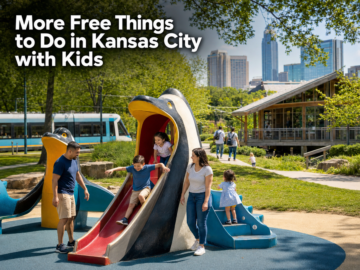 Kids playing at a Kansas City penguin-themed playground with nature center, walking trails, streetcar, skyline, and headline about free family activities. Kids playing at a Kansas City penguin-themed playground with nature center, walking trails, streetcar, skyline, and headline about free family activities.