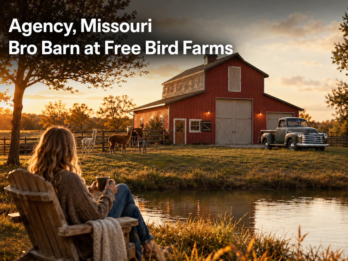 Agency Missouri farm stay at Bro Barn at Free Bird Farms with red barn, pond, alpacas, vintage truck, guest seating, and golden-hour headline..png