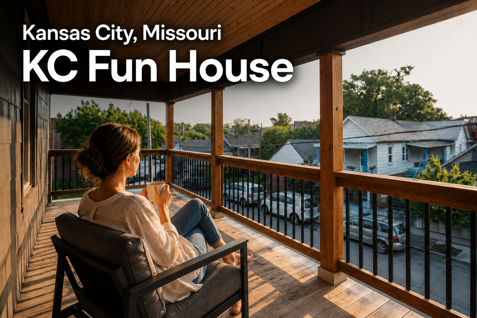Kansas City Missouri KC Fun House short-term rental with covered porch, neighborhood views, guest relaxing with coffee, and headline text..png