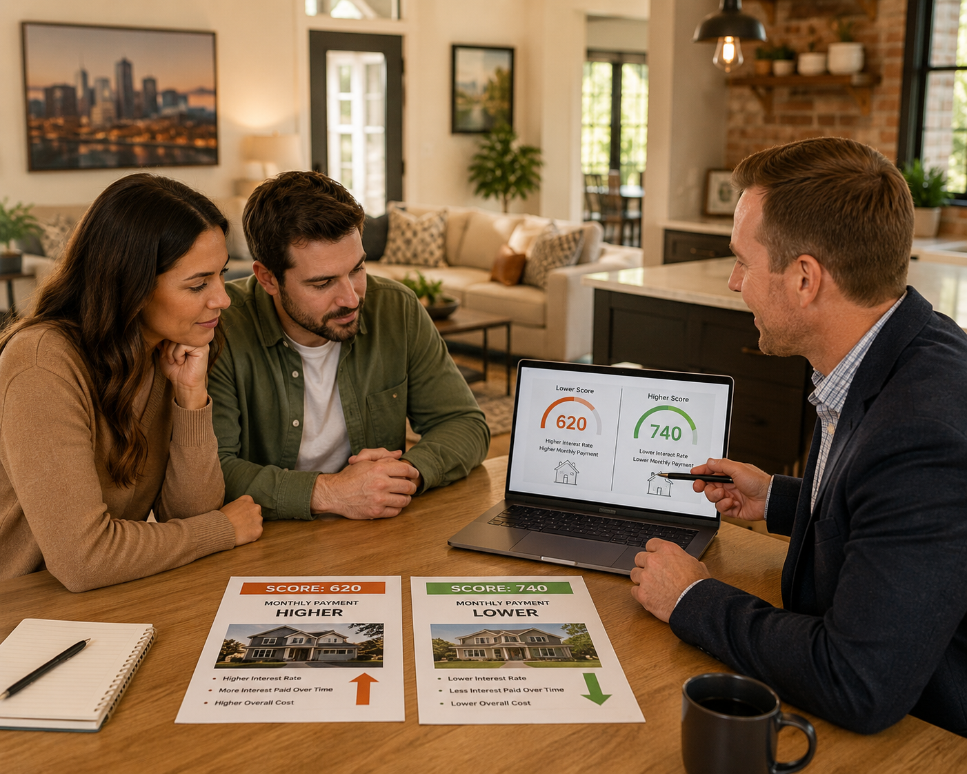 First-time Kansas City homebuyers reviewing credit score impact on mortgage payments with a real estate advisor in a warm home interior. First-time Kansas City homebuyers reviewing credit score impact on mortgage payments with a real estate advisor in a warm home interior.