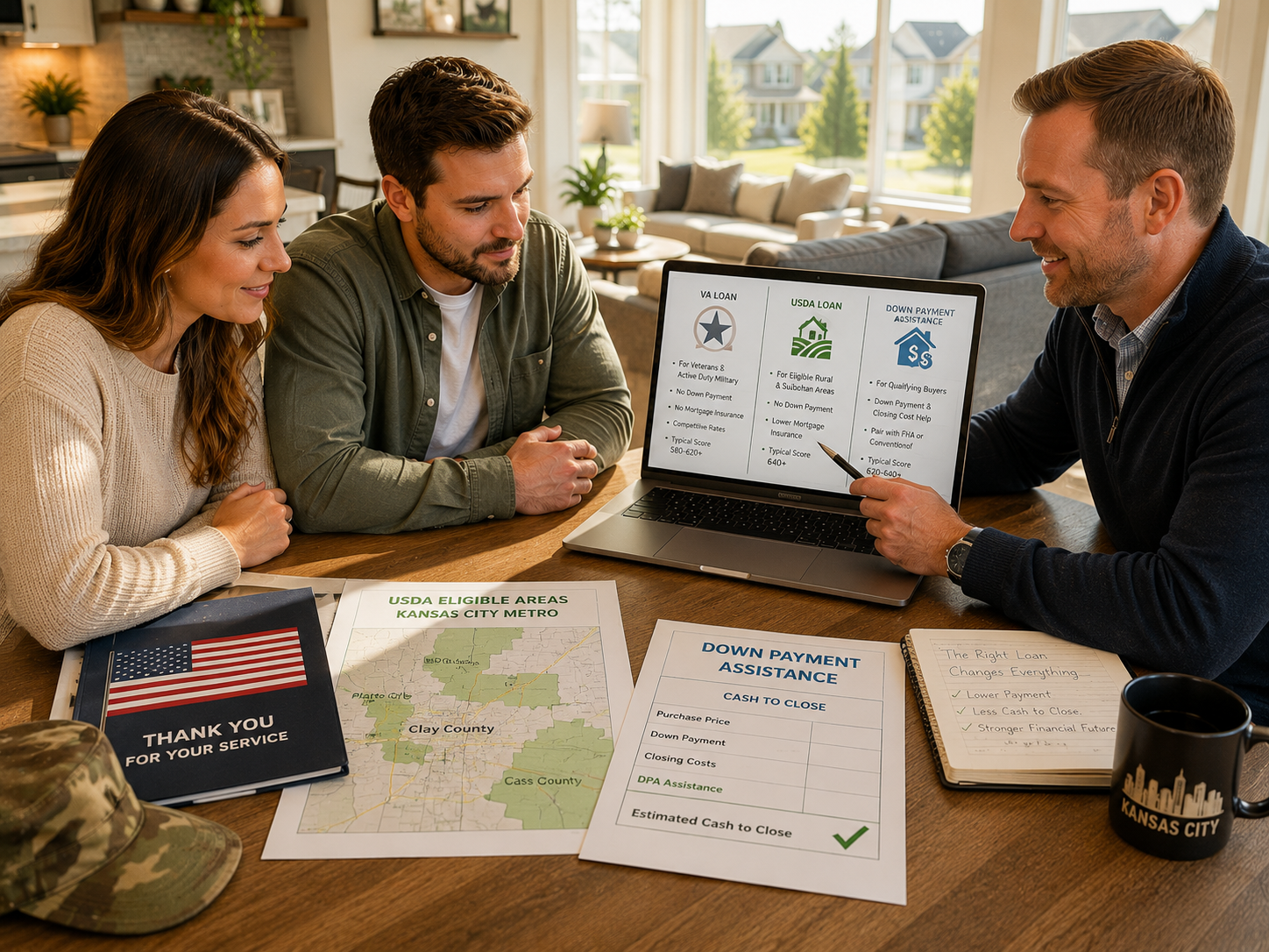 Kansas City homebuyers reviewing VA, USDA, and down payment assistance loan programs with a real estate advisor during a mortgage consultation. Kansas City homebuyers reviewing VA, USDA, and down payment assistance loan programs with a real estate advisor during a mortgage consultation.