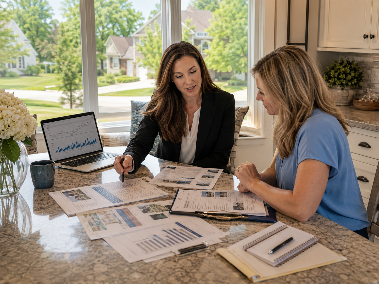 Platte City Missouri homeowner reviewing 2026 real estate market data, home value trends, and local pricing strategy with a real estate agent at a kitchen table.
