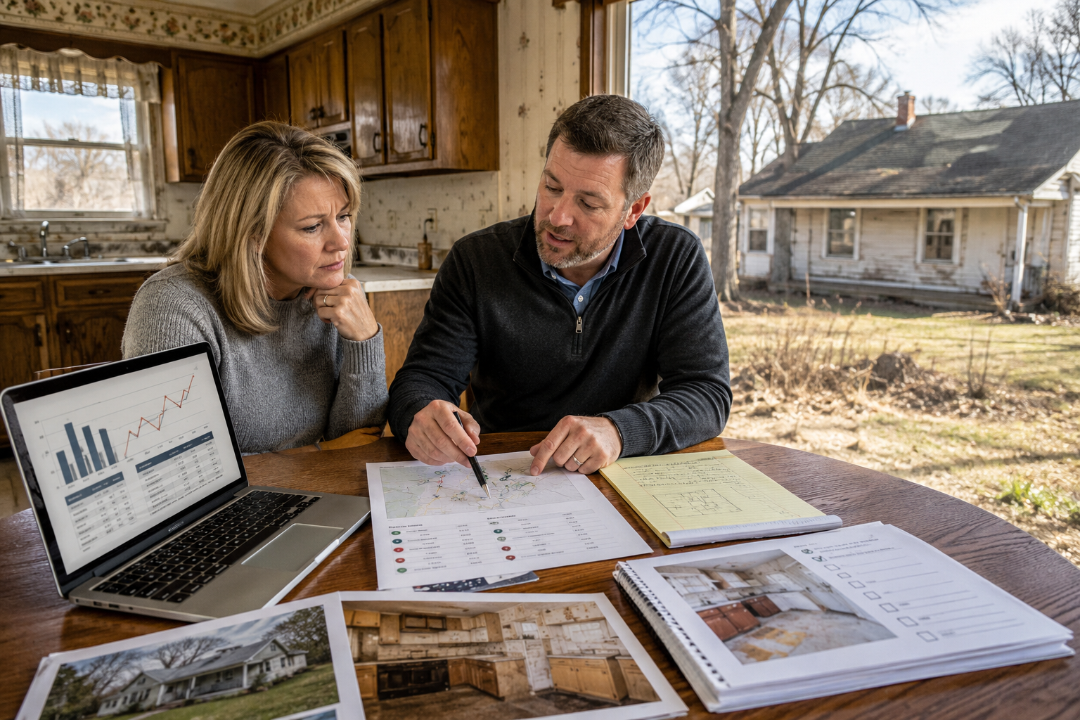 Platte City homeowner reviewing real home value, closed comparable sales, renovation needs, and pricing strategy with a real estate agent at an older home on acreage.
