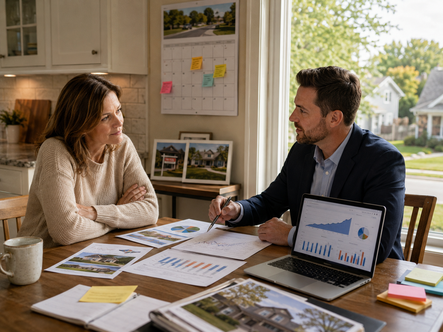 Platte City Missouri homeowner and real estate agent reviewing pricing strategy, comparable sales reports, days on market trends, and market charts in a bright suburban home.