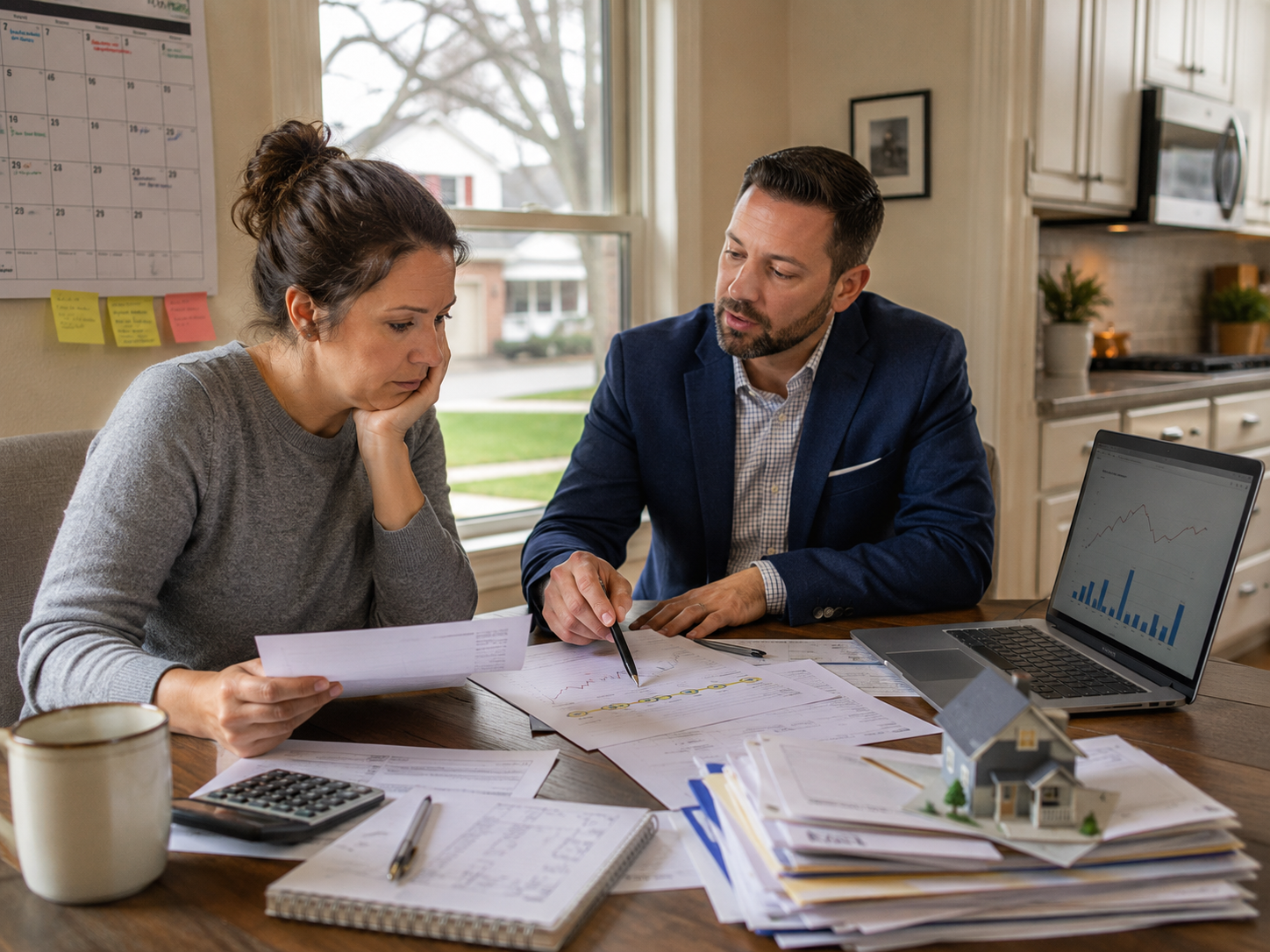 Kansas City homeowner under financial pressure reviewing mortgage paperwork, bills, market trends, and home sale timeline with a calm real estate advisor in a suburban kitchen.