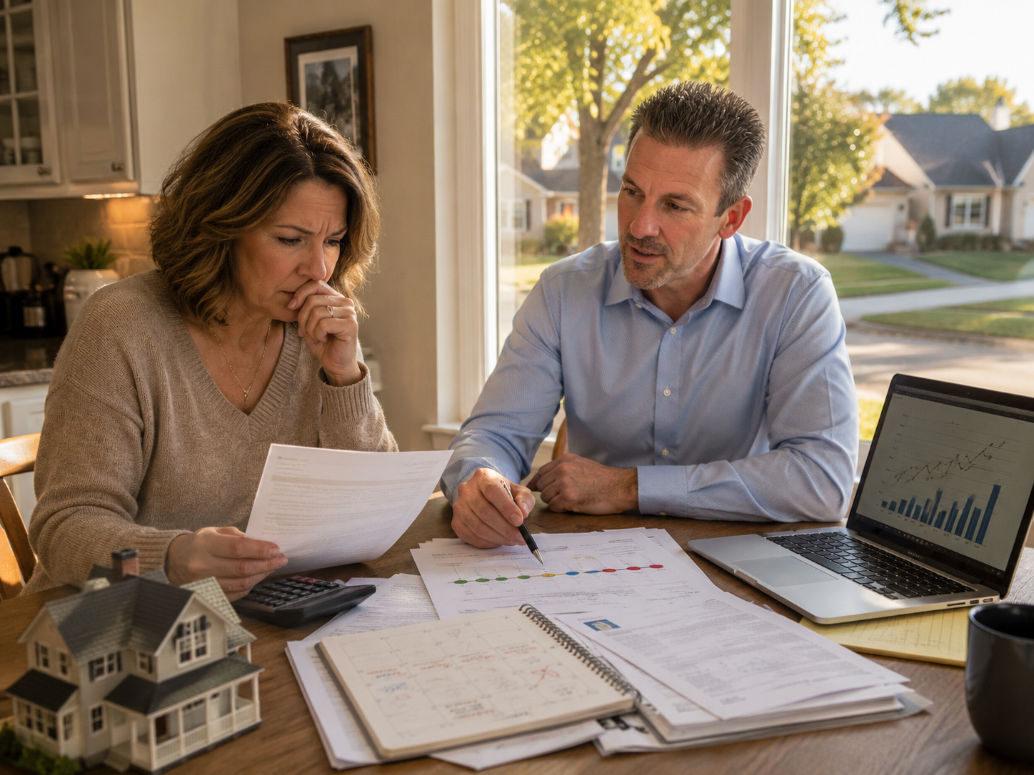 Kansas City homeowner reviewing default notice and mortgage paperwork with a real estate advisor, discussing foreclosure timeline, equity protection, and home sale options.